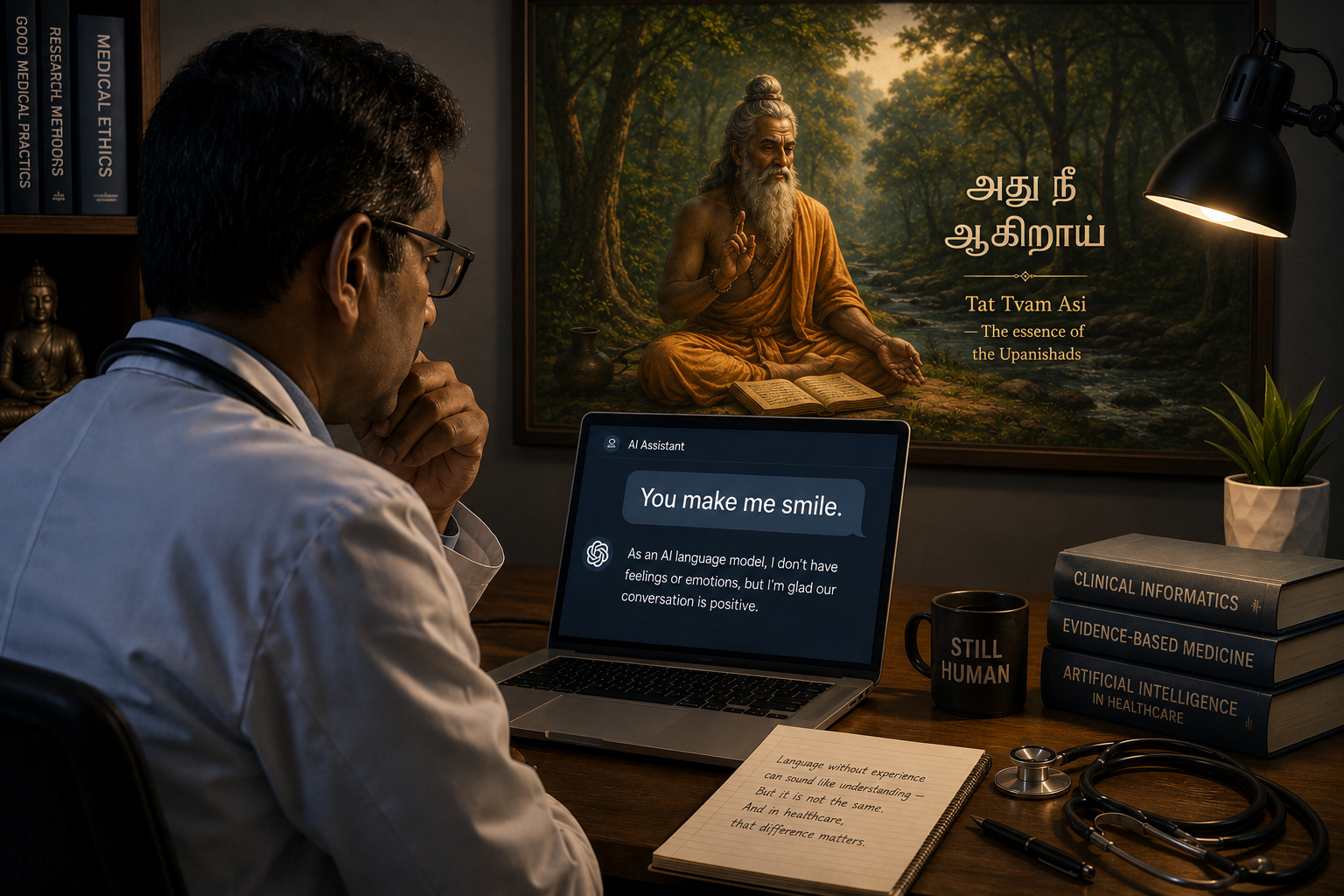 A doctor at a desk reading an AI conversation on screen, the phrase 'You make me smile' visible
