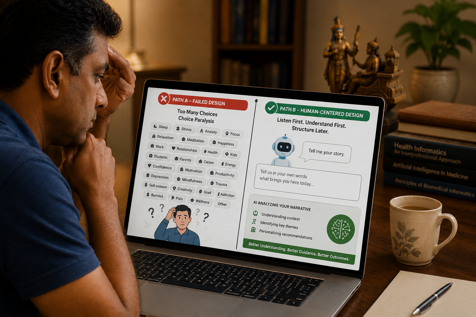 A person sitting with a phone showing an overwhelming number of app options and categories