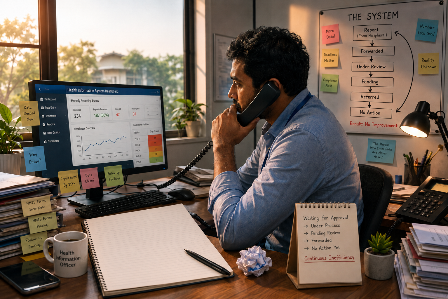 A health informatics officer at a central office on a telephone call with a peripheral nurse. The desk has a health information system dashboard on screen, handwritten notes, and sticky notes about data delays. A whiteboard in the background shows a system flow ending in 'No Action'. Illustration by Dr. T. Jeevaraj.