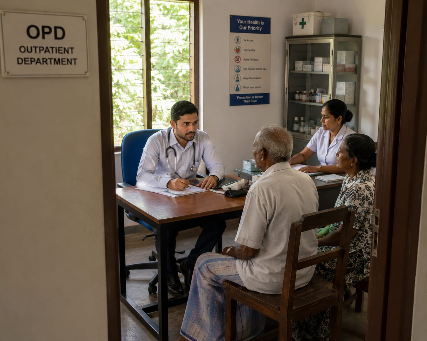 A doctor and nurse consulting with an elderly couple in a rural Sri Lankan outpatient department, in a sparse and weathered room beneath a health awareness poster