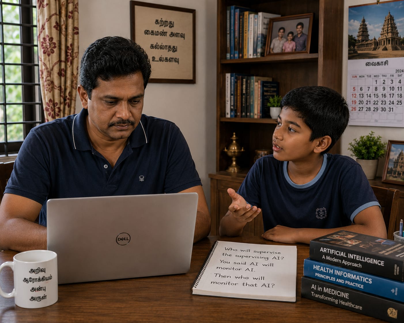 A father and son at a study desk discussing AI supervision in healthcare